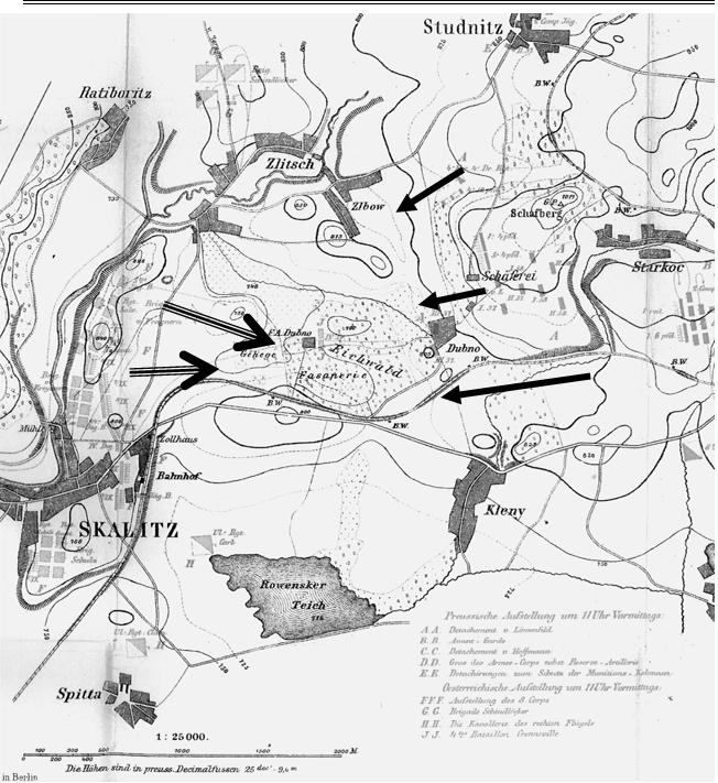 Map showing the Austrian (left) and Prussian (right) approach lines of attack at Skalitz. The Dubno wood is in the centre. The lake today has been greatly extended into a reservoir.