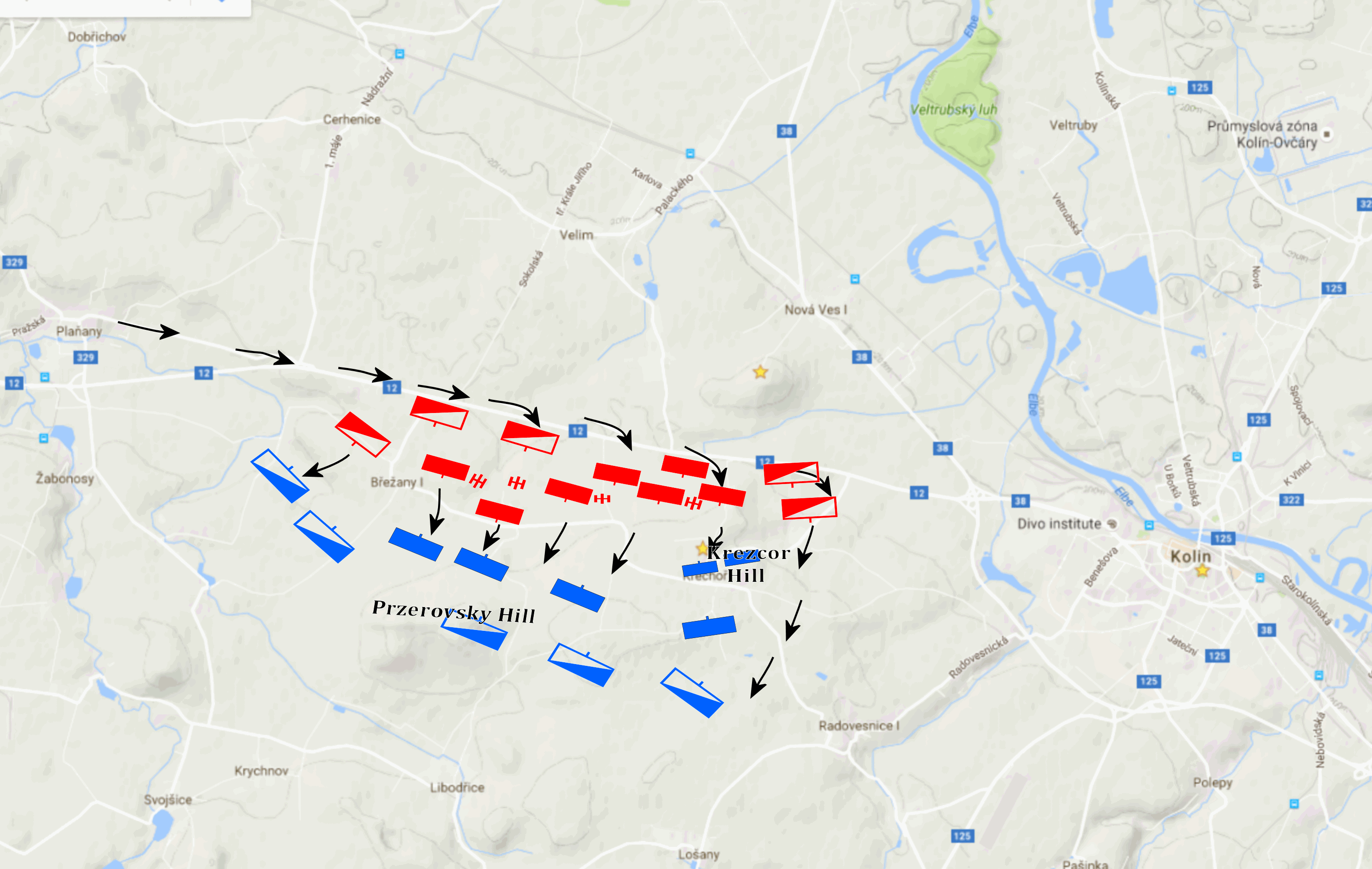 Map of the Battlefield. Austrian troops in blue, Prussian in red.